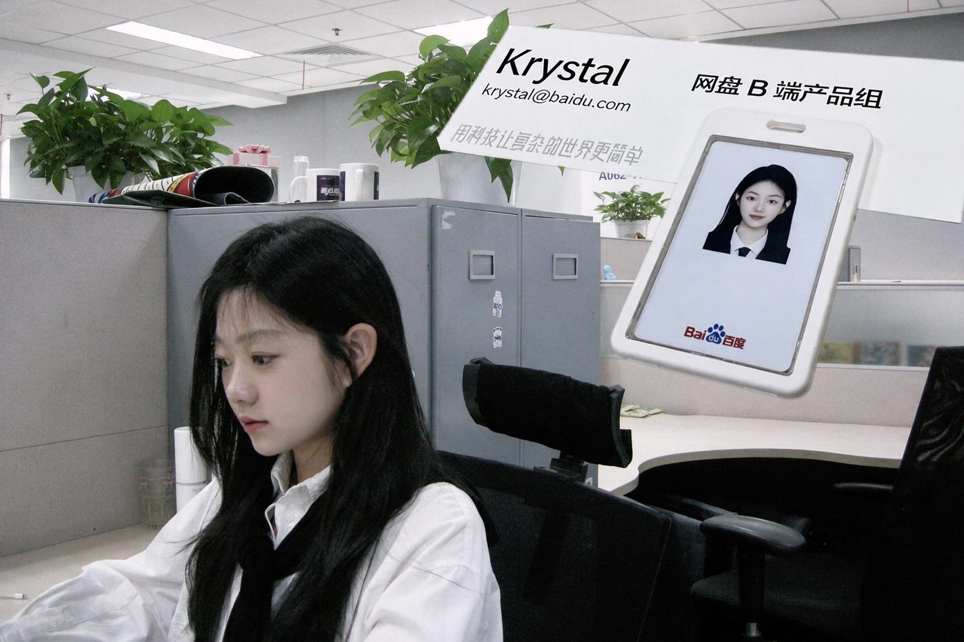 Krystal 在百度网盘 B 端产品组办公区的工作照